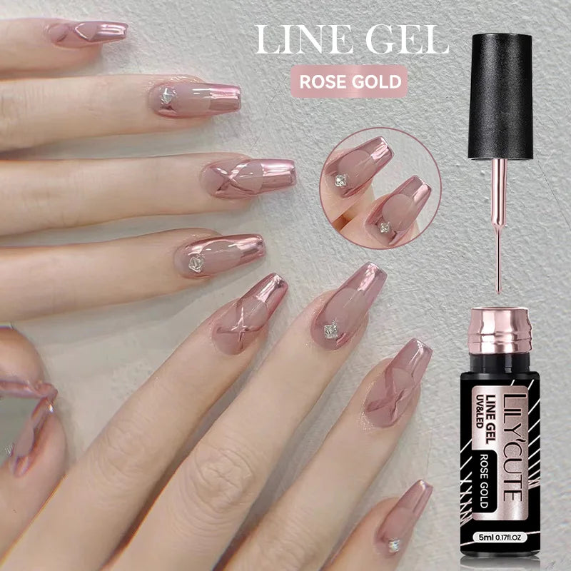 LILYCUTE 5ml Champagne Chrome Gold Metallic Liner Gel Polish Super-Bright Mirror Effect French Style Drawing Line Nail Art Gel