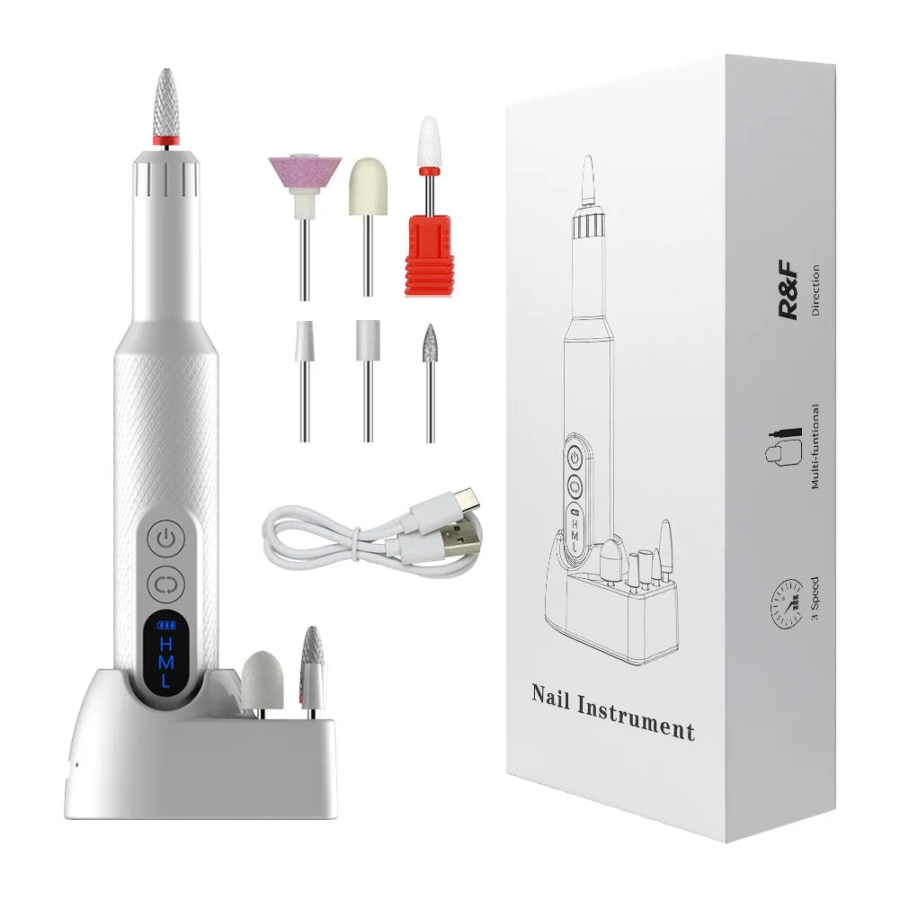 6in1 Wireless Nail Drill 15000RPM with LED Light and Screen Manicure Cutter Nail Repair Pedicure Milling Cutter Polisher Sander
