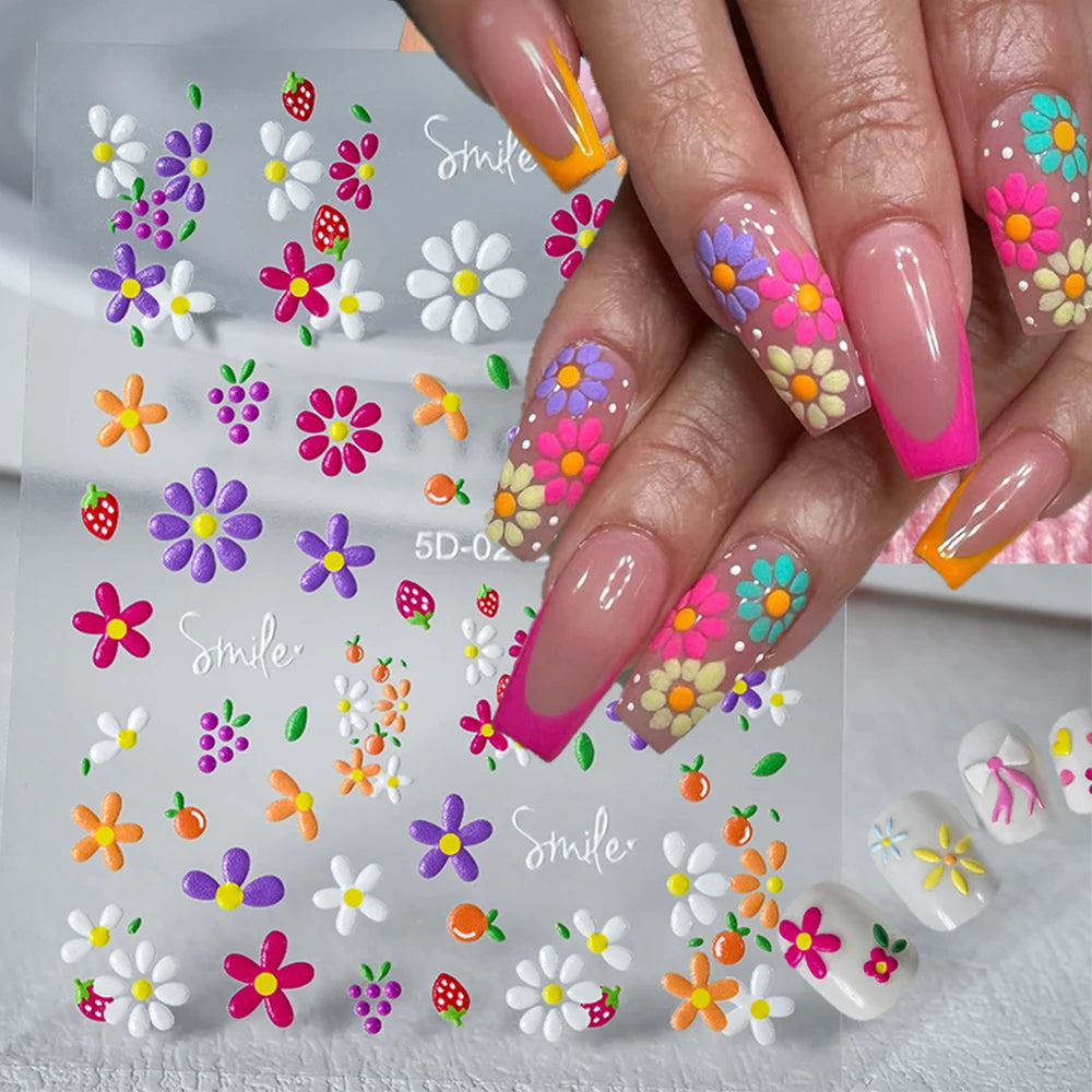 1pcs 5D Cute Colorful Daisy Nail Art Stickers Spring Flowers Tulip White Daisy Nail Decals Summer Blossom Floral Manicure Decora