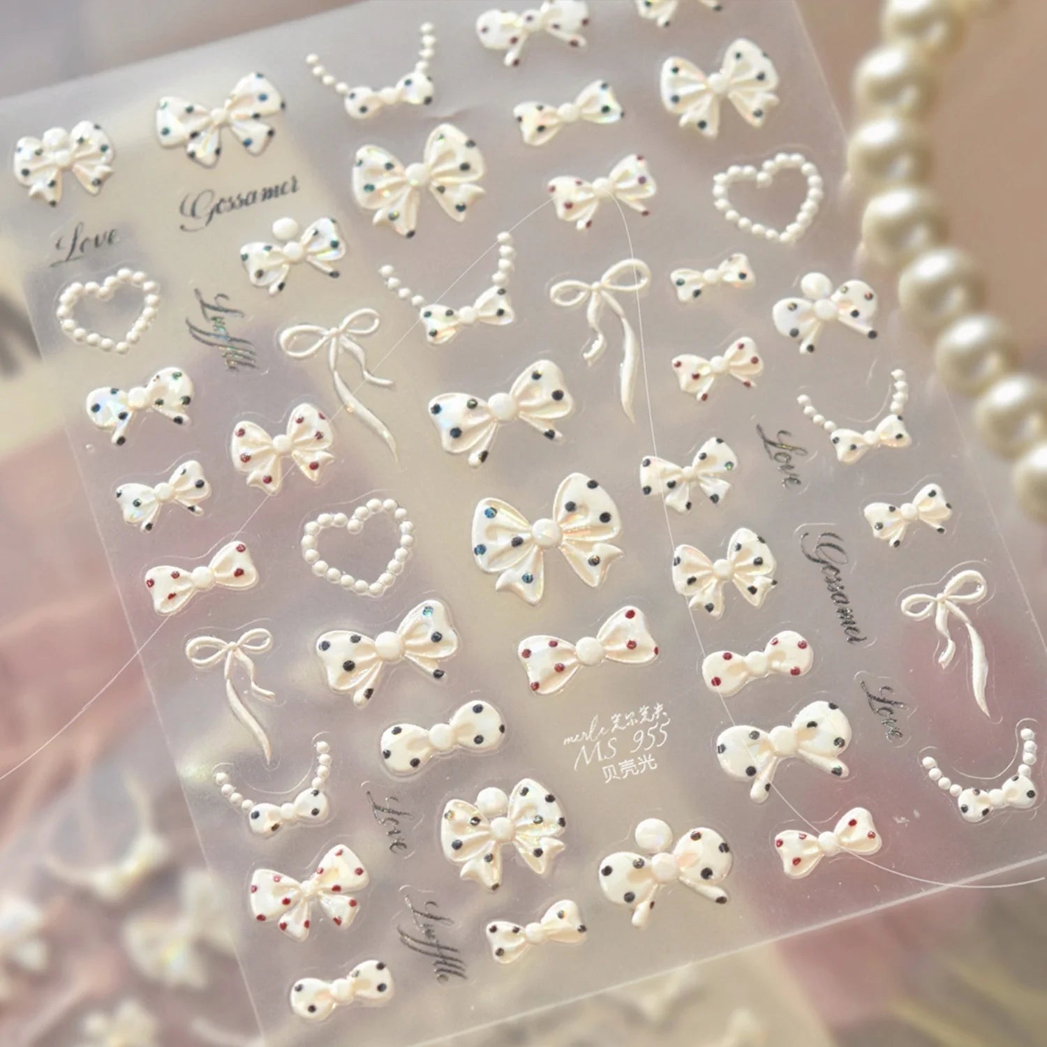 White Pearl Bow French Polka Dot Bow Pearl Heart Pearl Chain 5D Nail Stickers Self-Adhesive Nail Decal Manicure Decor for Women