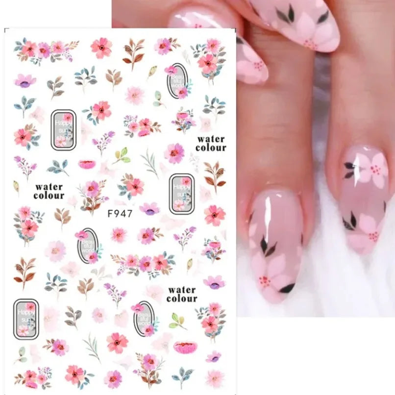 3D Flower Petal Nail Stickers Purple Pink Tulip Leaf Clover Summer Avocado Fruit Geometric Line Floral Manicure Decoration
