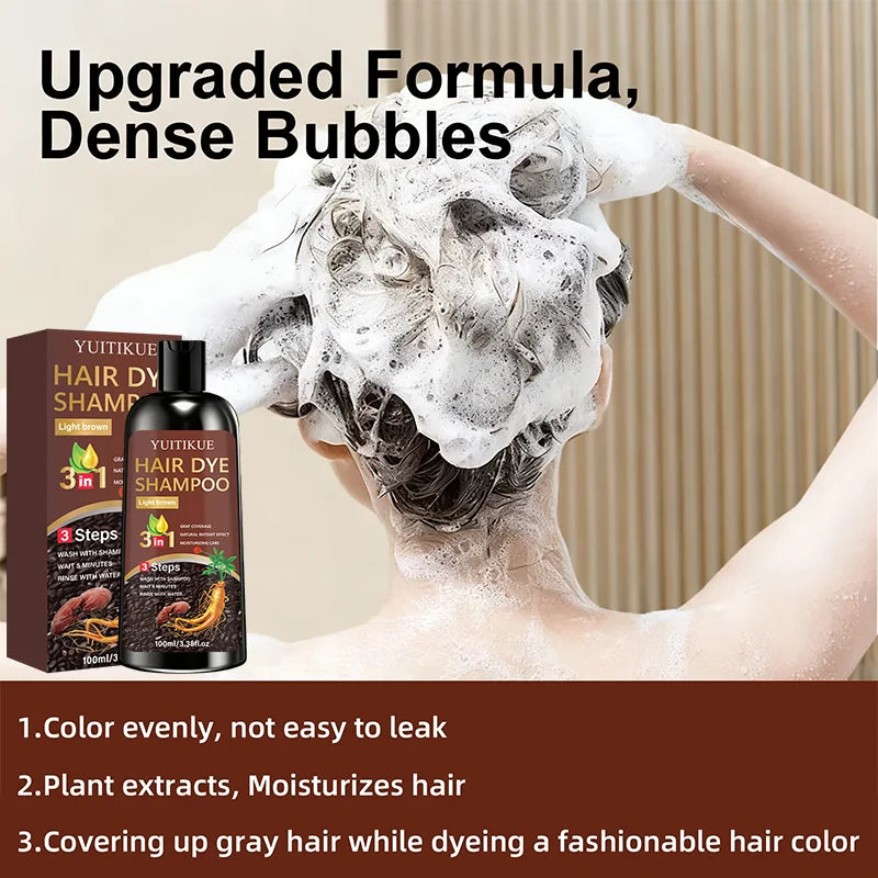 YUITIKUE 3-in-1 Light Brown Hair Dye Shampoo | 3-Step Easy Application For Natural Gray Coverage & Moisturizing Care 100ml