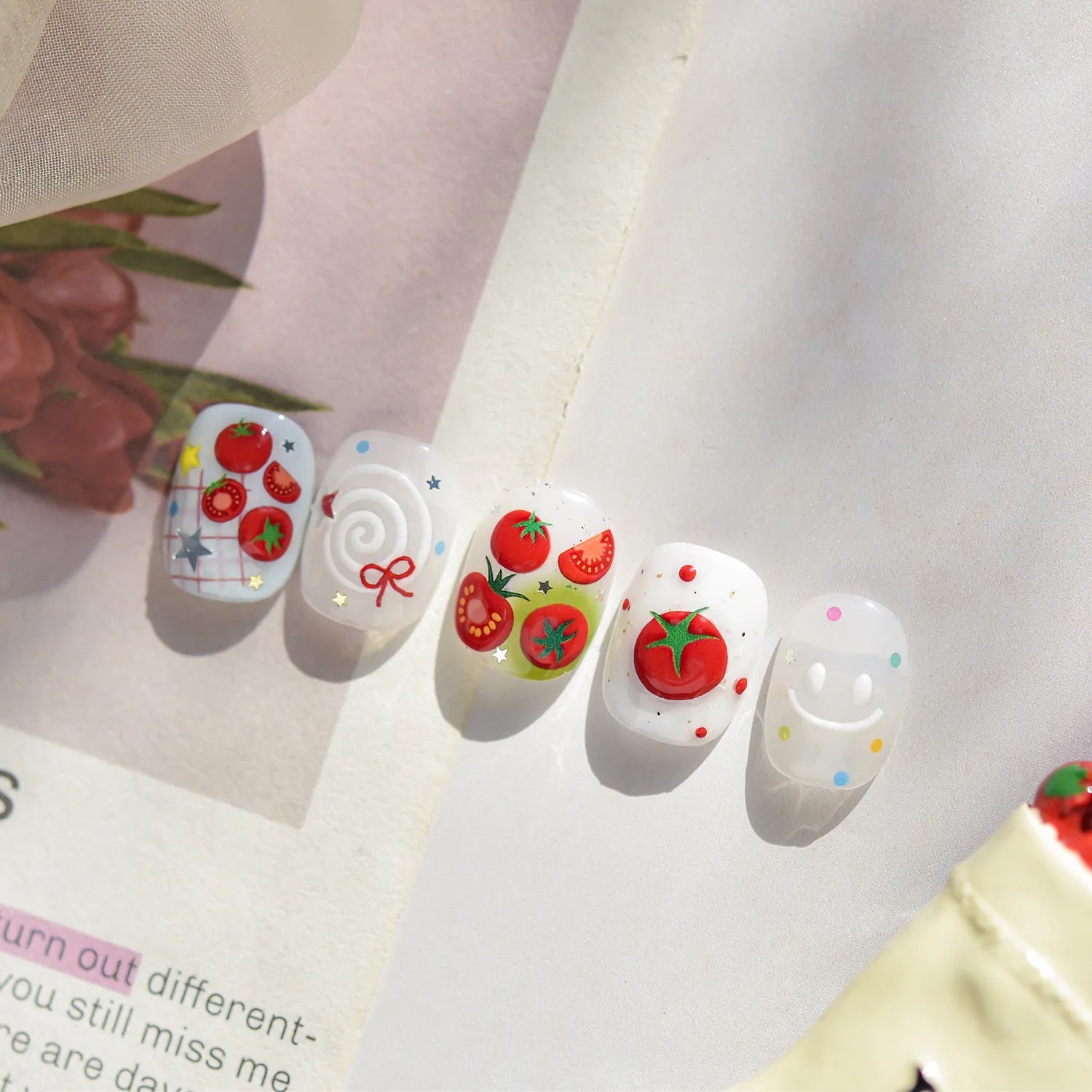 Jelly Nail Stickers Ice penetrating Cat Eyes Red Tomato Smile Bows Self Adhesive Nail Art Stickers DIY 5D Cute Nail Parts Decals