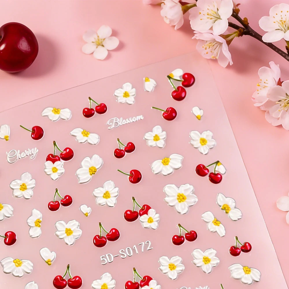 1Pcs 5D Cherry Daisy Nail Stickers Cute 3D Red Cherry White Flower Self-Adhesive Nail Art Decals Summer DIY Manicure Decoration