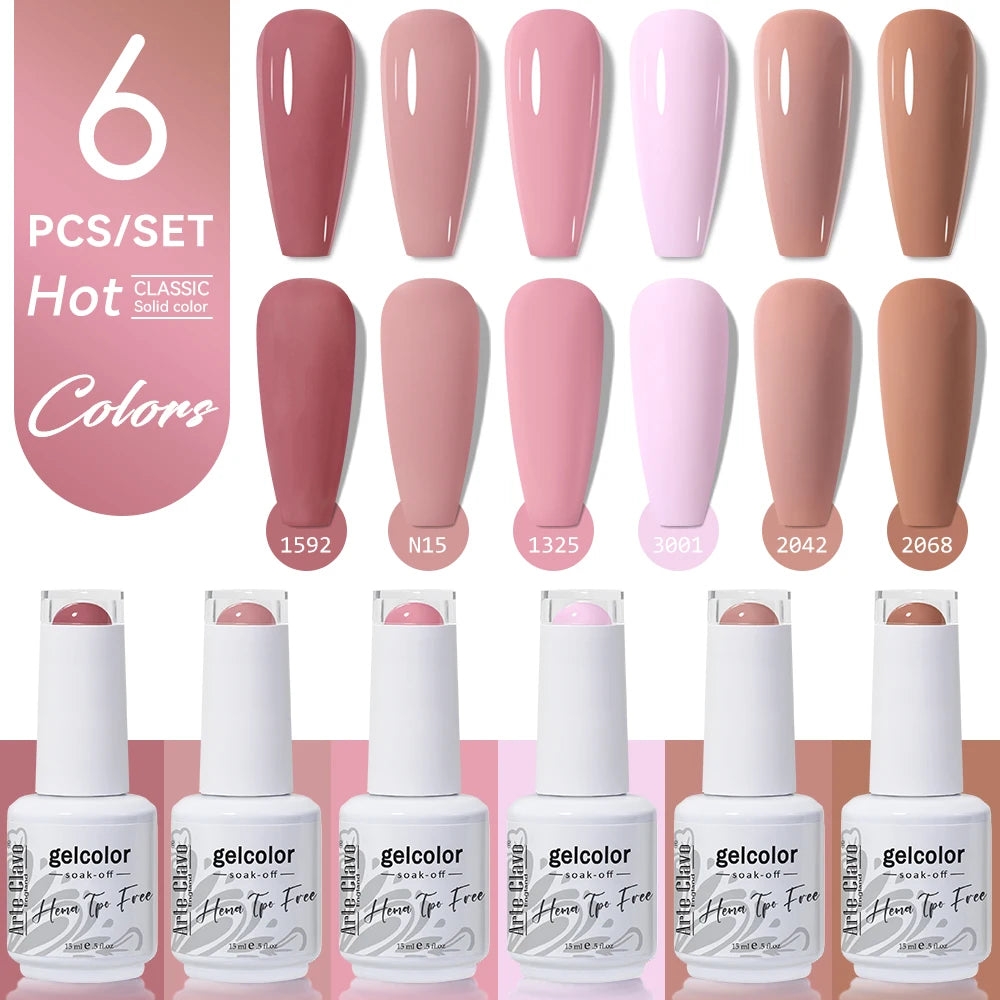 Arte Clavo 15ml Gel Polish Set 6PCS HEMA TPO Free Soak Off UV LED Nail Varnish Kit Long Lasting Manicure Gel for Nail Art Salon