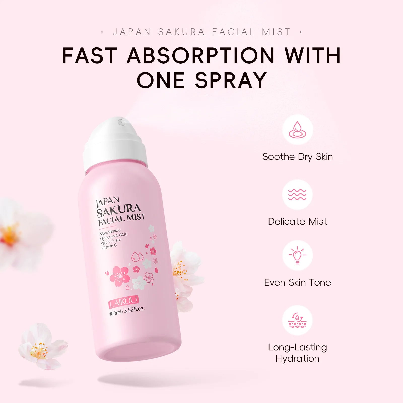 LAIKOU Sakura Toner Hydrating Moisturize Gentle Repair Brightening Skin Improve Glow Serum Toner Spray 100ml