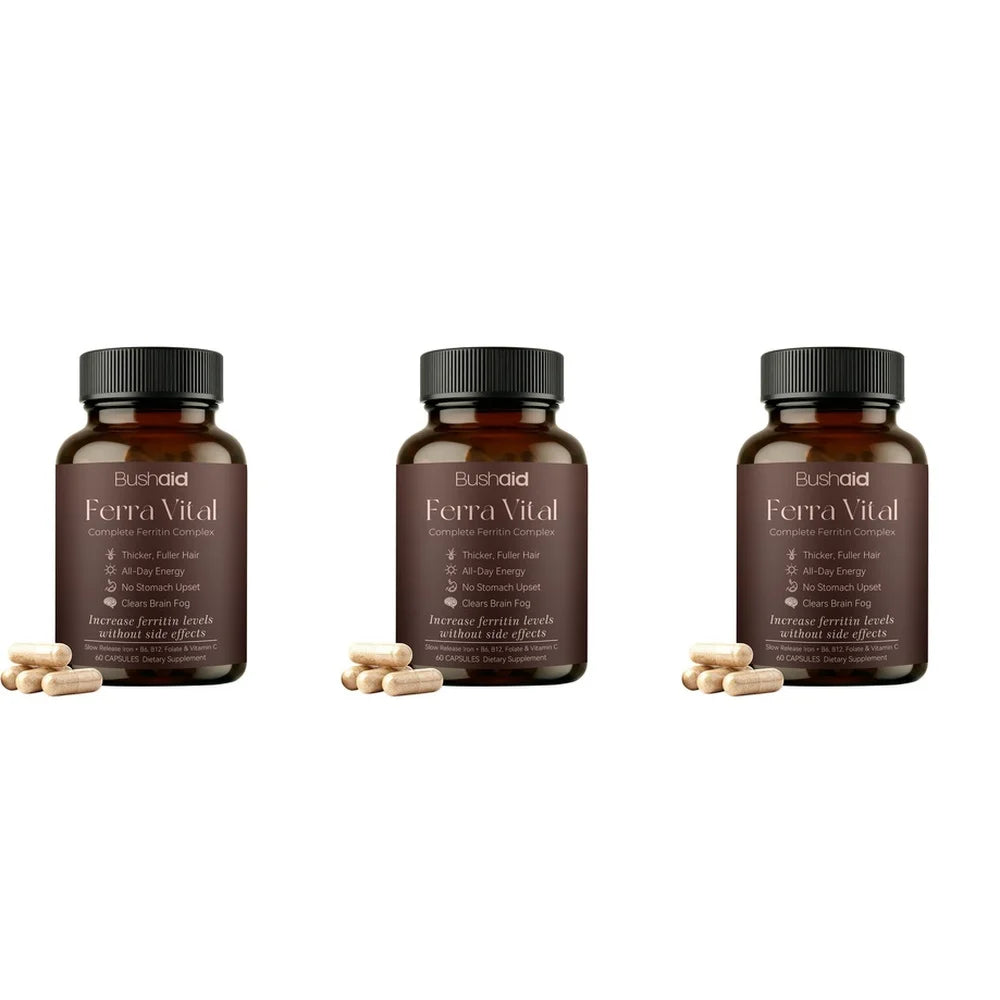 BushAid Ferra Vital Ferritin Complex with Iron Zinc Vitamins B6 B12 Supports Hair Shine Energy Focus Scalp Wellness 60 Capsules