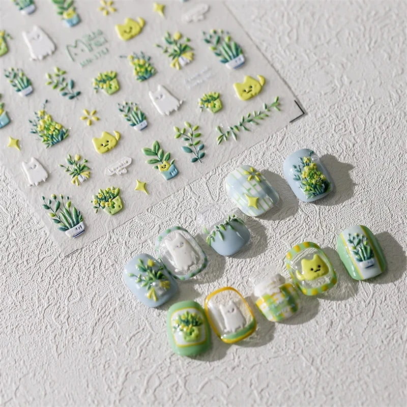 1Pcs Lovely Cat Green Potted Plant Flowers Nail Stickers 5D Reliefs Self Adhesive Nail Art Stickers Manicure Decorations Decals
