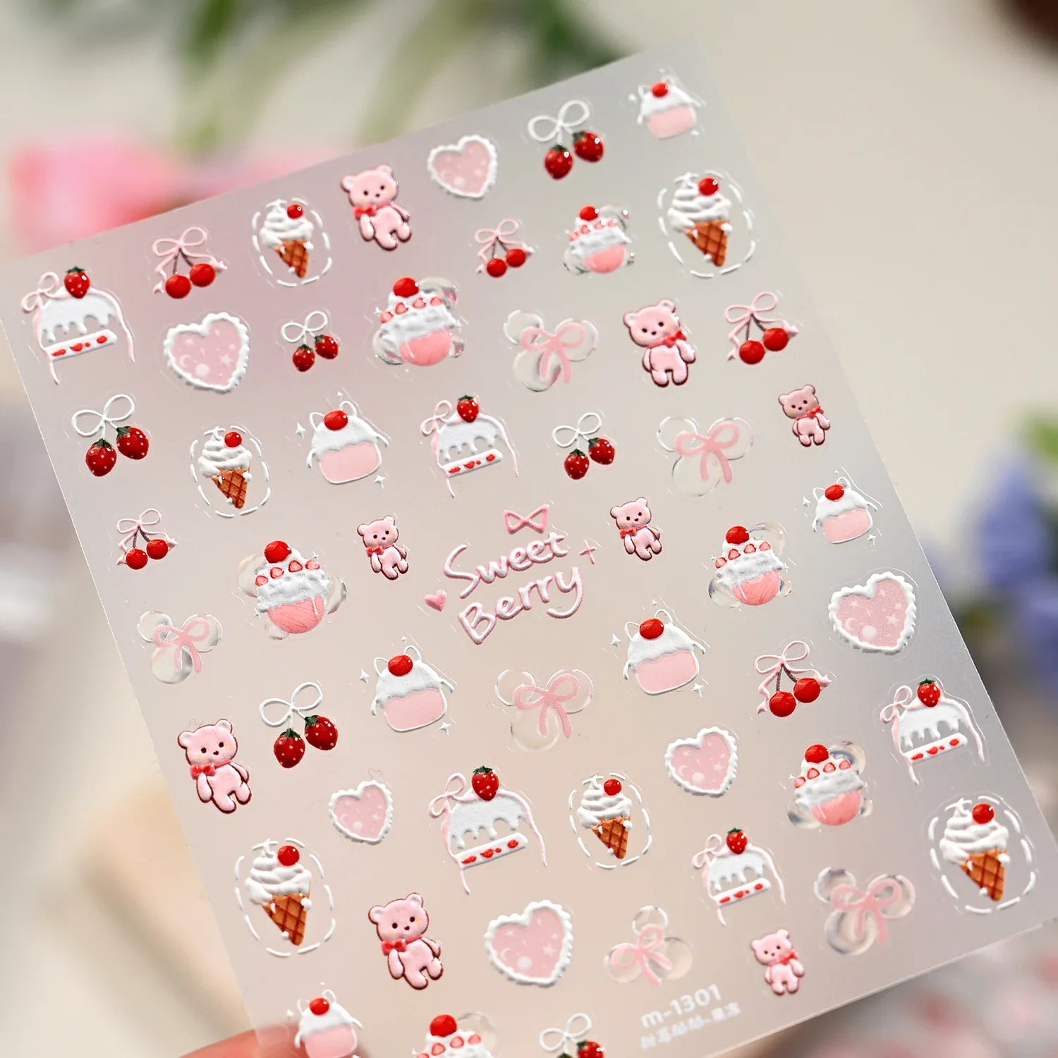 5D Pink Blue Bear Dessert Cake Pudding Candy Cane Heart English Slogan Nail Art Stickers Cute Baby Bear Party Embossed Decals