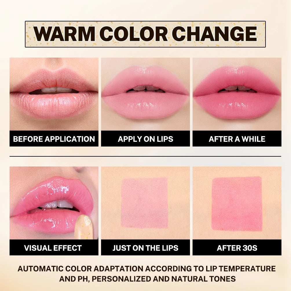 QIBEST Glitter Lip Blam Color Changing Lipstick Transferproof Lasting Non-Sticky Lipstick Moisturizing Shine Lip Stain Cosmetics
