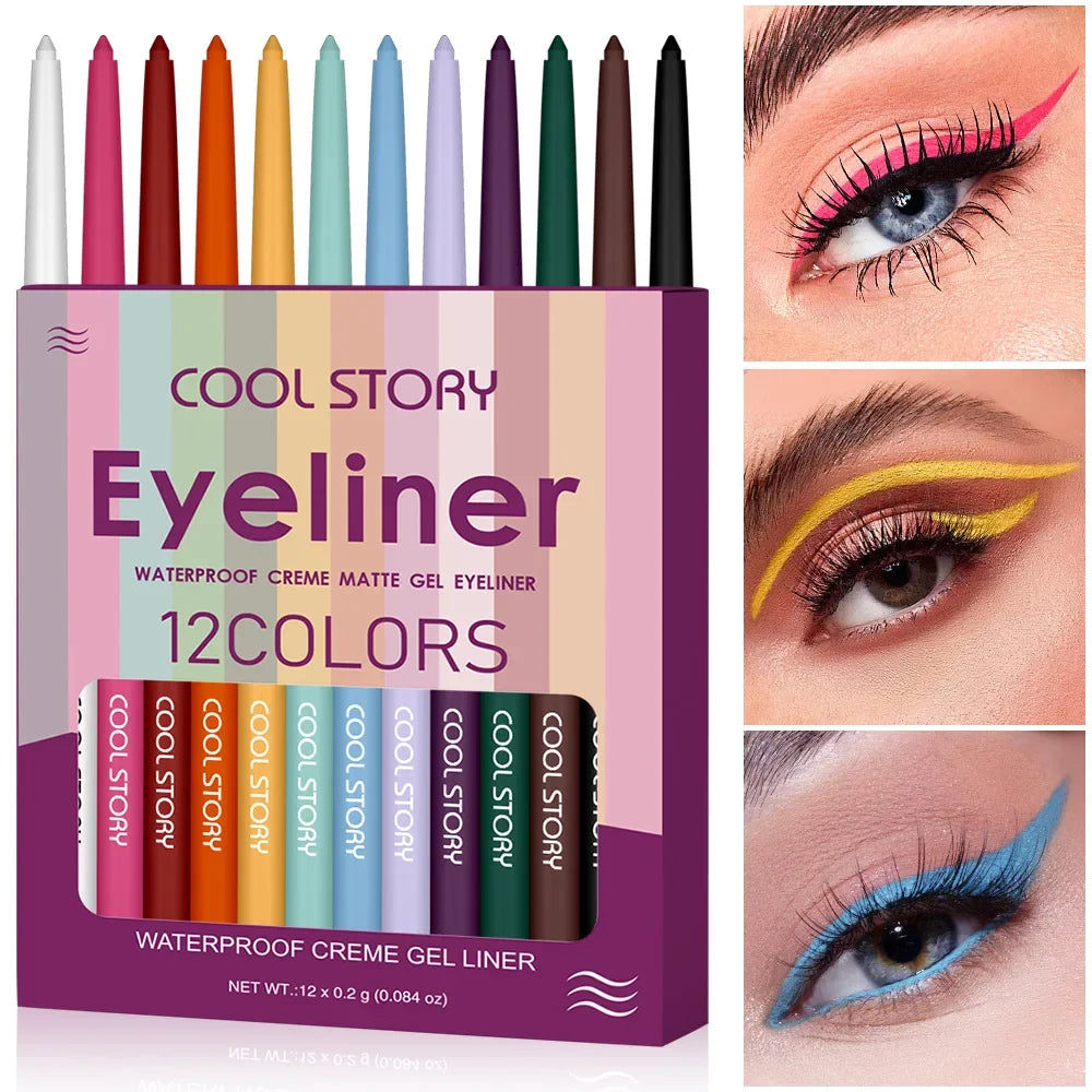 12 Color Waterproof Eyeliner Set Matte Creamy Pencil Long Lasting Smudge Proof for Sensitive Eyes Daily Makeup Professional Kit
