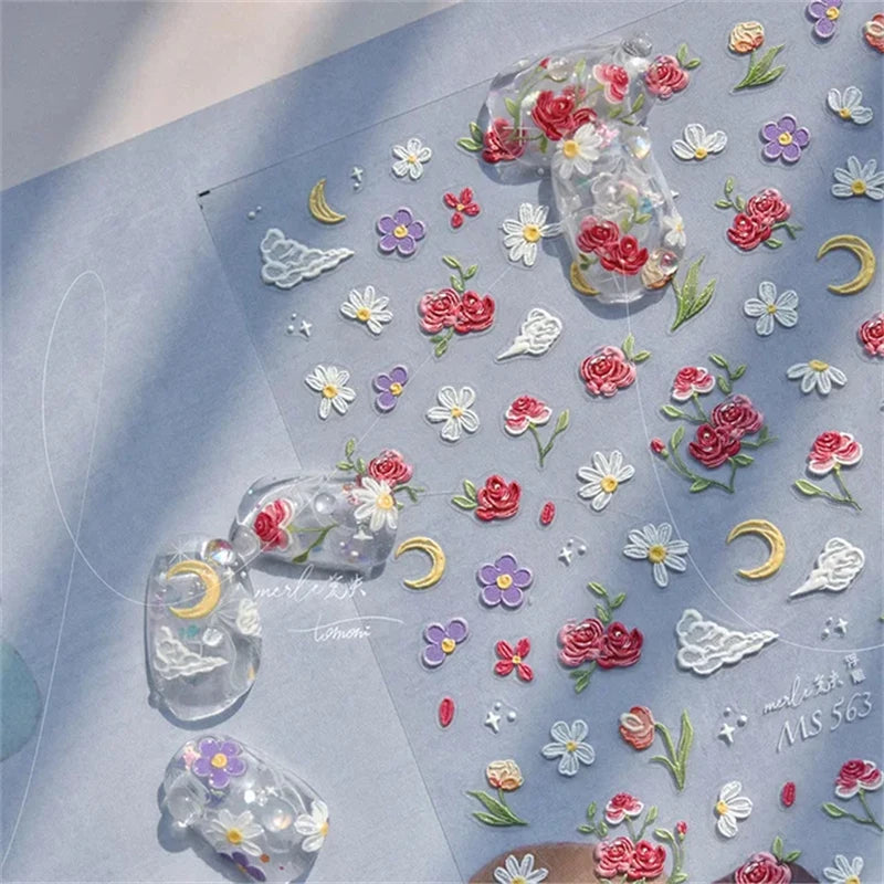 1Pcs Lovely Cat Green Potted Plant Flowers Nail Stickers 5D Reliefs Self Adhesive Nail Art Stickers Manicure Decorations Decals