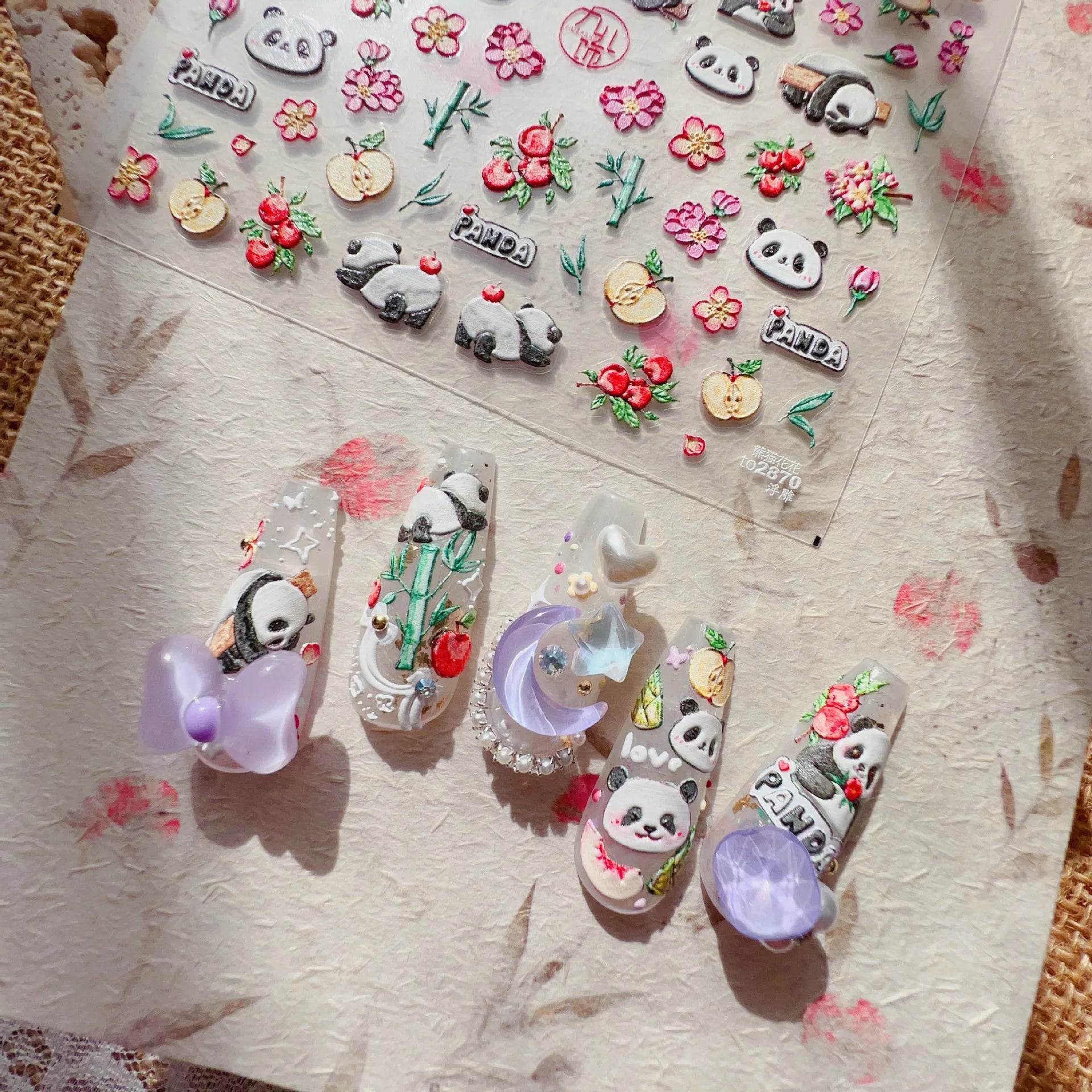 1pcs 5D Embossed Chinese Bamboo Panda Design Nail Art Kawaii Stickers Self-adhesive Transfer Nail Decorations Slider Decals DIY
