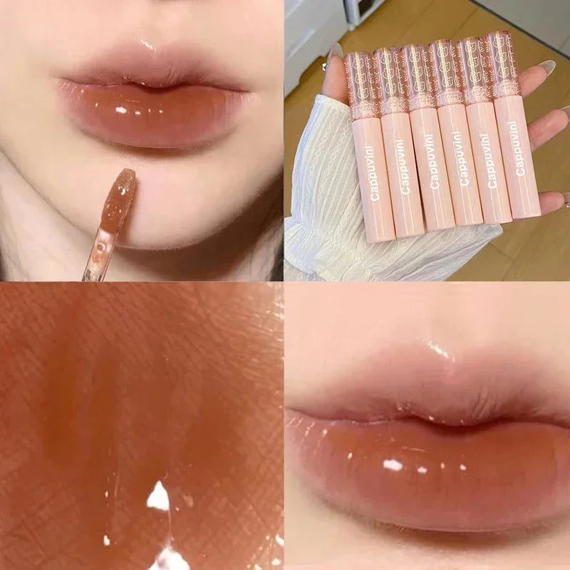 Cherry Pink Mirror Water Lip Gloss Lip Glaze Transparent Glass Lip Oil Waterproof Liquid Lipstick Nude Brown Clear Tint Makeup