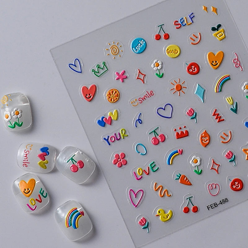 2023 Jelly Design Tulip Flowers Love Heart Color Lines 5d Embossed Reliefs Nail Art Stickers Lovely Manicure Nail Decals