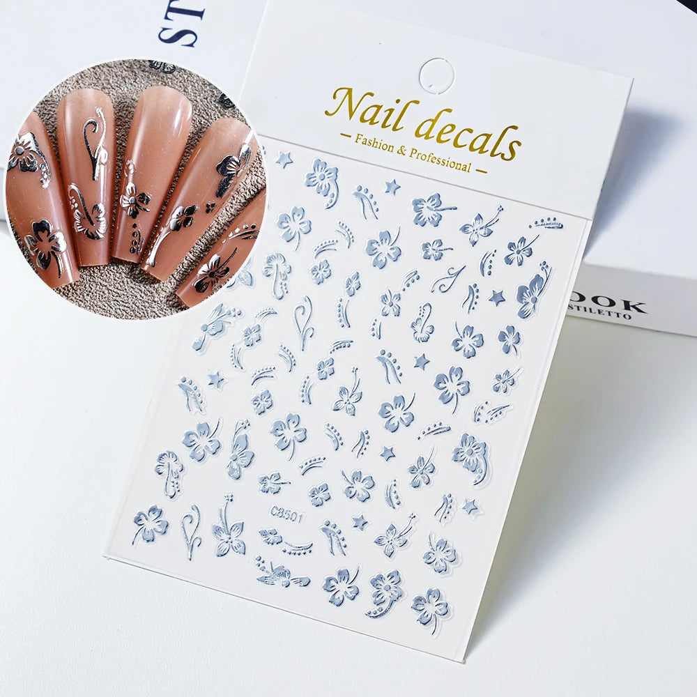 1pc 3D White Hibiscus Flower Nail Art Stickers 8 Colors Hollow Petal Flower Nail Decal Exquisite Gold/Silver/Black Floral Slider
