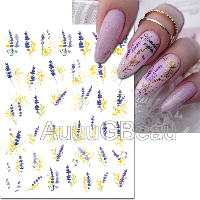 3d Nail Art Decals Geometric Lines Daisy Sunflowers Letters Adhesive Sliders Nail Stickers Decoration For Manicure