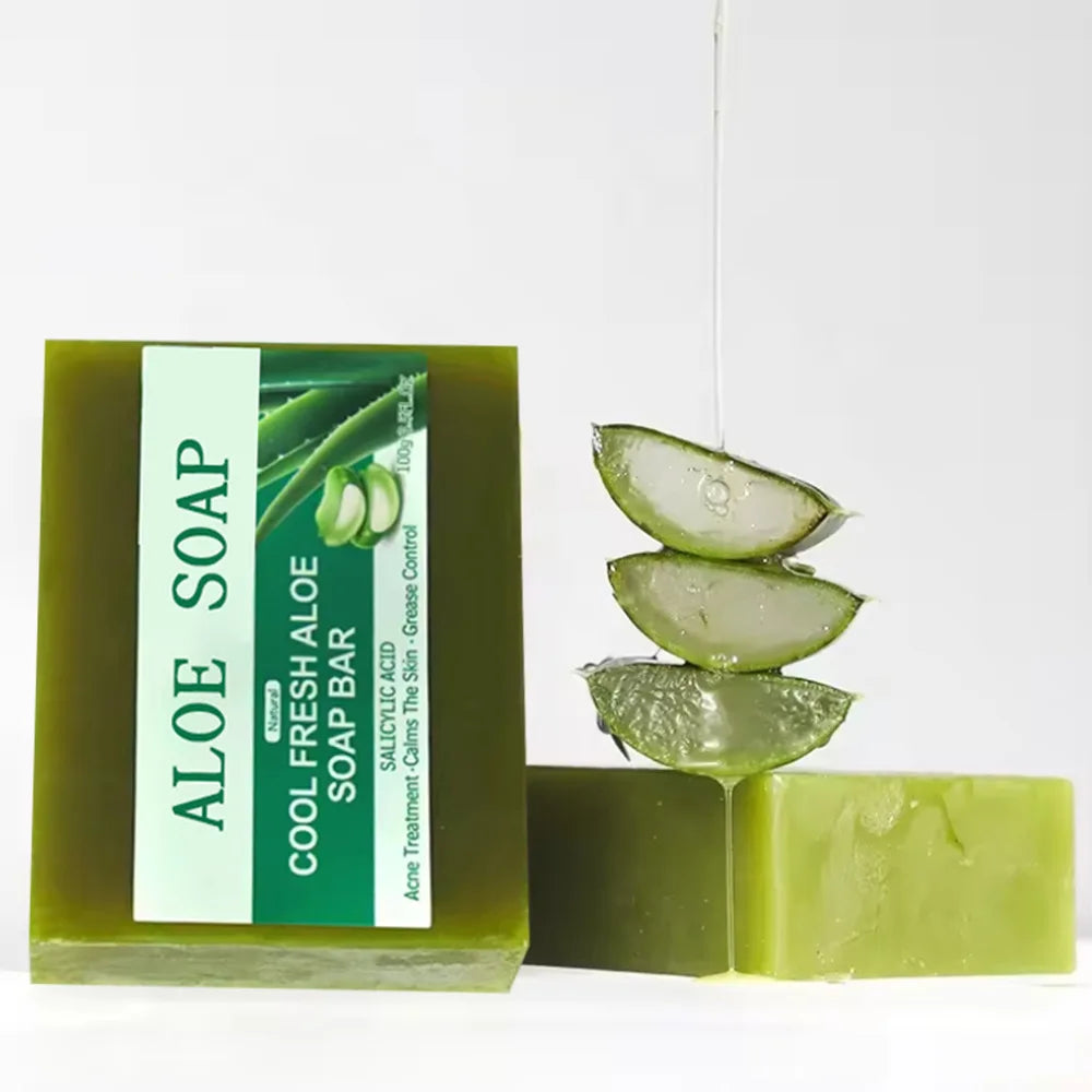 1/2pcs Natural Aloe Vera Soap Acne Treatment Handmade Soap for Face & Body, Calming Grease Control Cleansing Soap