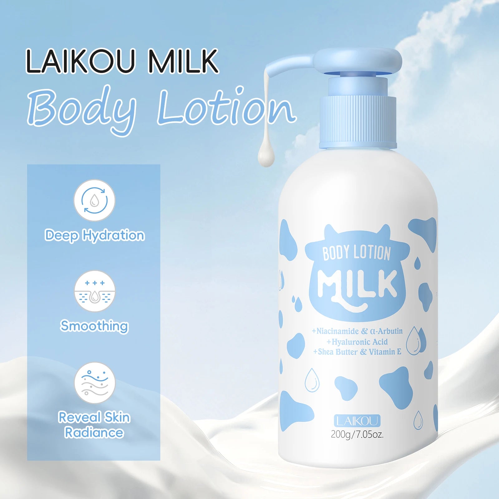 LAIKOU Milk Body Lotion 200g Deep Hydrating Smoothing Nourishing Shea Butter Daily Body Moisturizer