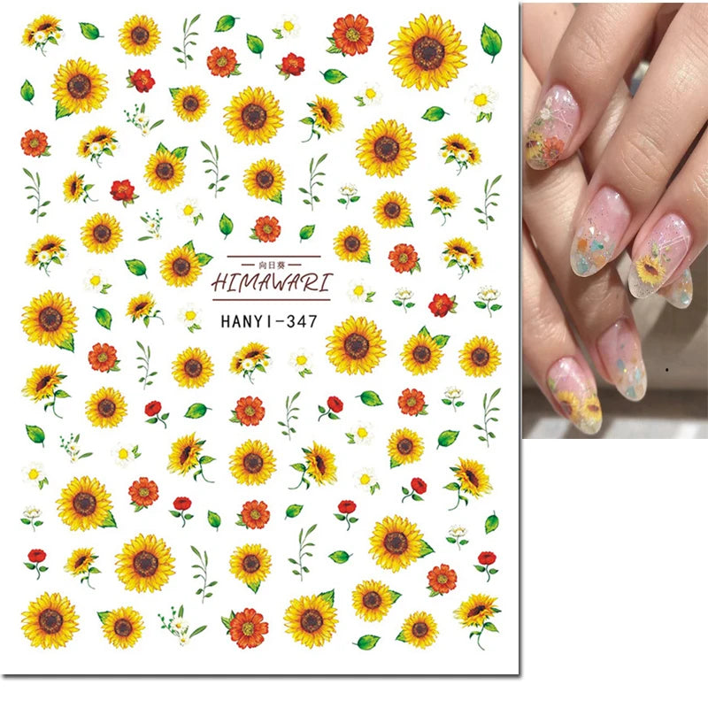3d Nail Art Decals Geometric Lines Daisy Sunflowers Letters Adhesive Sliders Nail Stickers Decoration For Manicure