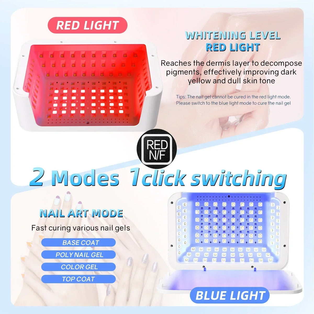 480W UV LED Lamp for Nails 108 LEDs Nail Dryer with Red Light Whitening Mode Large Space Manicure Lamp 4 Timer Settings
