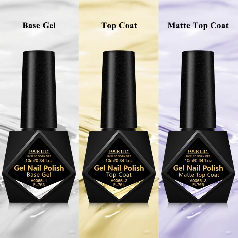 FOUR LILY 10ml Base Gel, Top Coat, Matte Top Coat Functional Nail Care Long Lasting UV/LED Varnish Gel Nail Polish Manicure