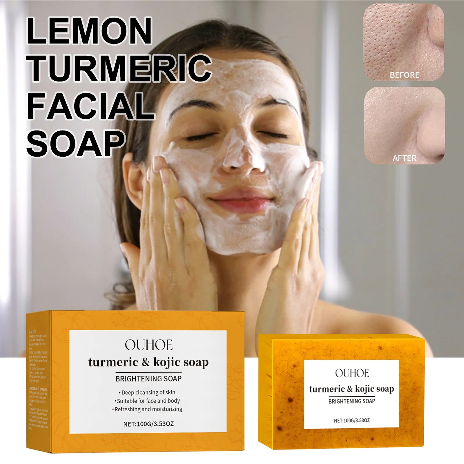 Lemon Turmeric Soap Brightening Face and Body Bar Gentle Cleanser Glowing Moisturizing Non Irritating for Sensitive Skin 100g