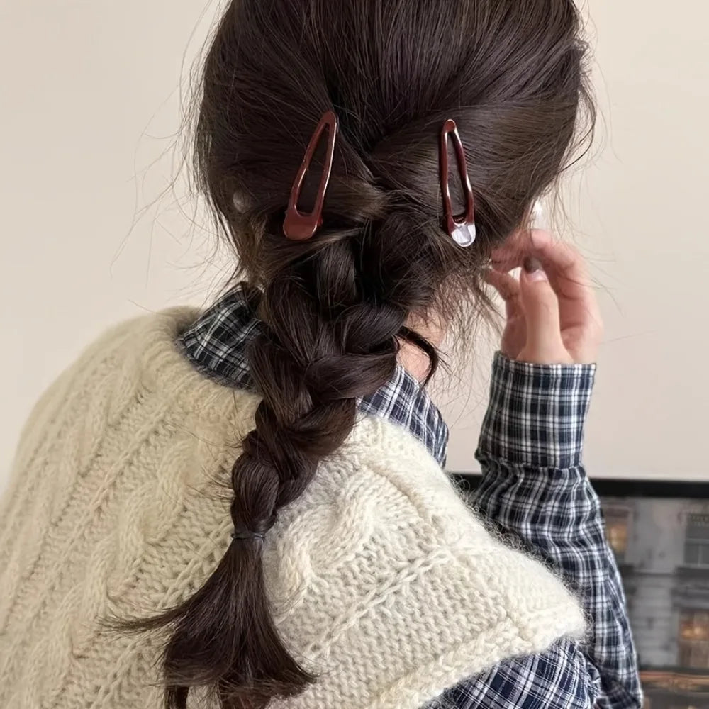 2pcs Advanced Wine Red Minimalist Oval Duckbill Clip Minimalist Side Broken Hair Clip Commuting Versatile Temperament Headband