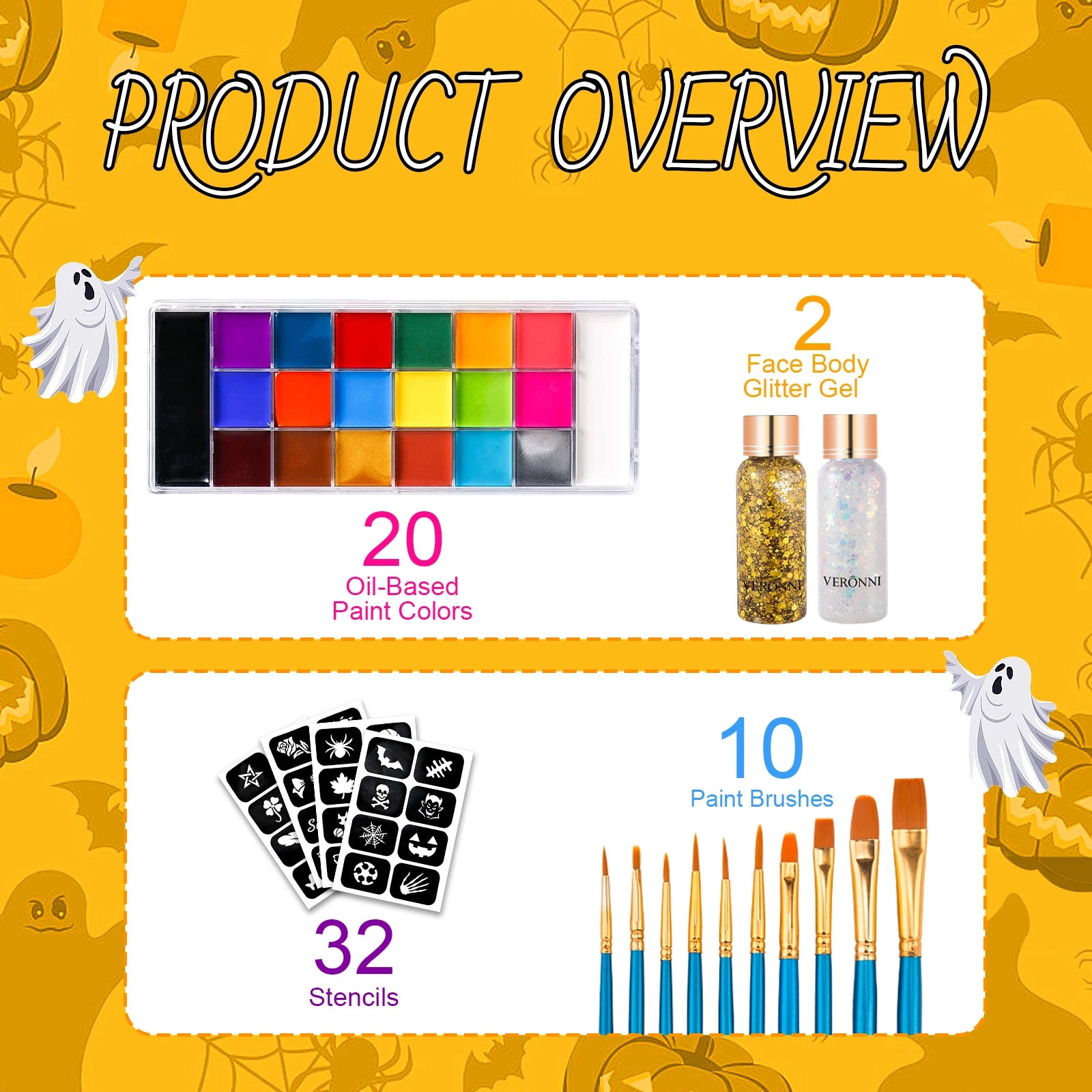 Face Body Paint Palette Oil Makeup Set 20 Colors SFX Halloween Party Painting with 10 pcs Artist Paintbrushes,Tattoo Stencil kit
