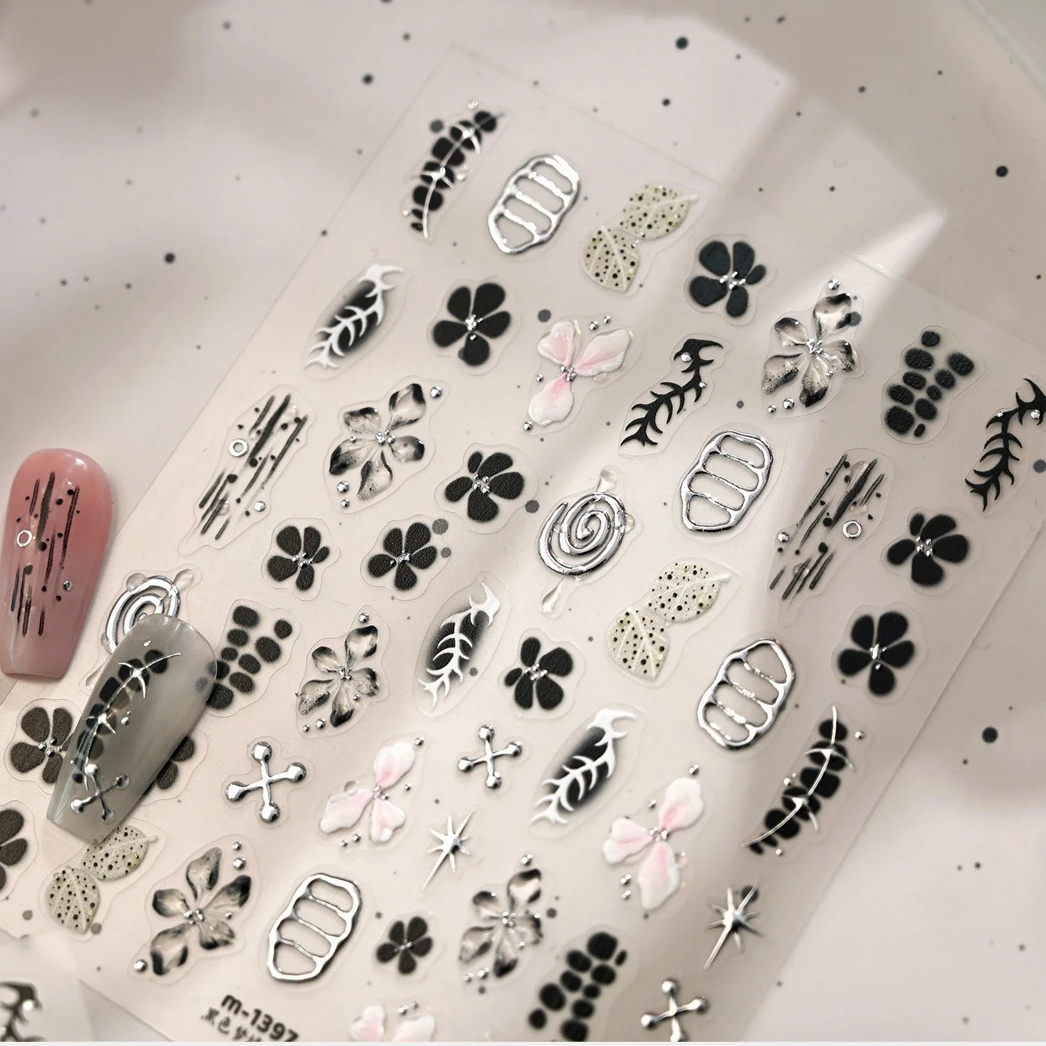 5D Black Silver Dream Thorn Clover Thorn Leaf Silver Spiral Pink Diamond Flower Silver Star Nail Art Stickers Embossed Decals