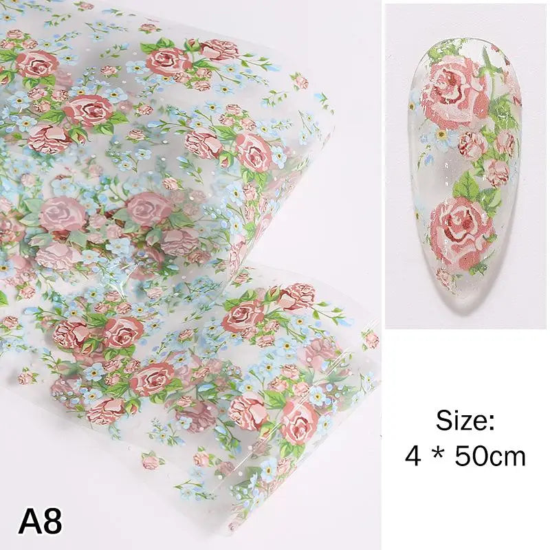 100cm Flower Nail Art Foil Transfer Stickers Rose Floral Design for DIY Professional Salon Long Strip Nail Accessory