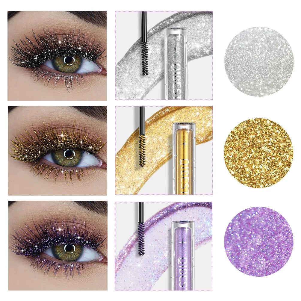 QIBEST Silver Diamond Glitter Mascara Lasting Makeup 3D Volume Eyelashes Shimmer Curling Gold Purple Mascara Eyelash Cosmetics