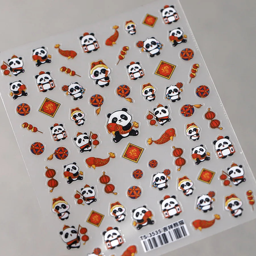 1pcs 5D Embossed Chinese Bamboo Panda Design Nail Art Kawaii Stickers Self-adhesive Transfer Nail Decorations Slider Decals DIY