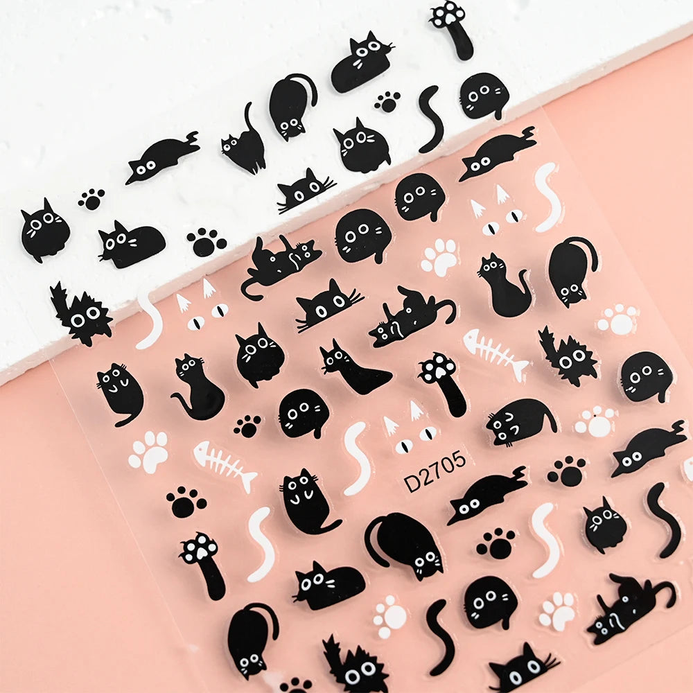 4pcs/set 3D Cute Cartoon Black Cat Nail Stickers Funny Cat Paw/Bowtie Self-Adhesive Nail Art Decals Manicure Accessories DIY 8*1