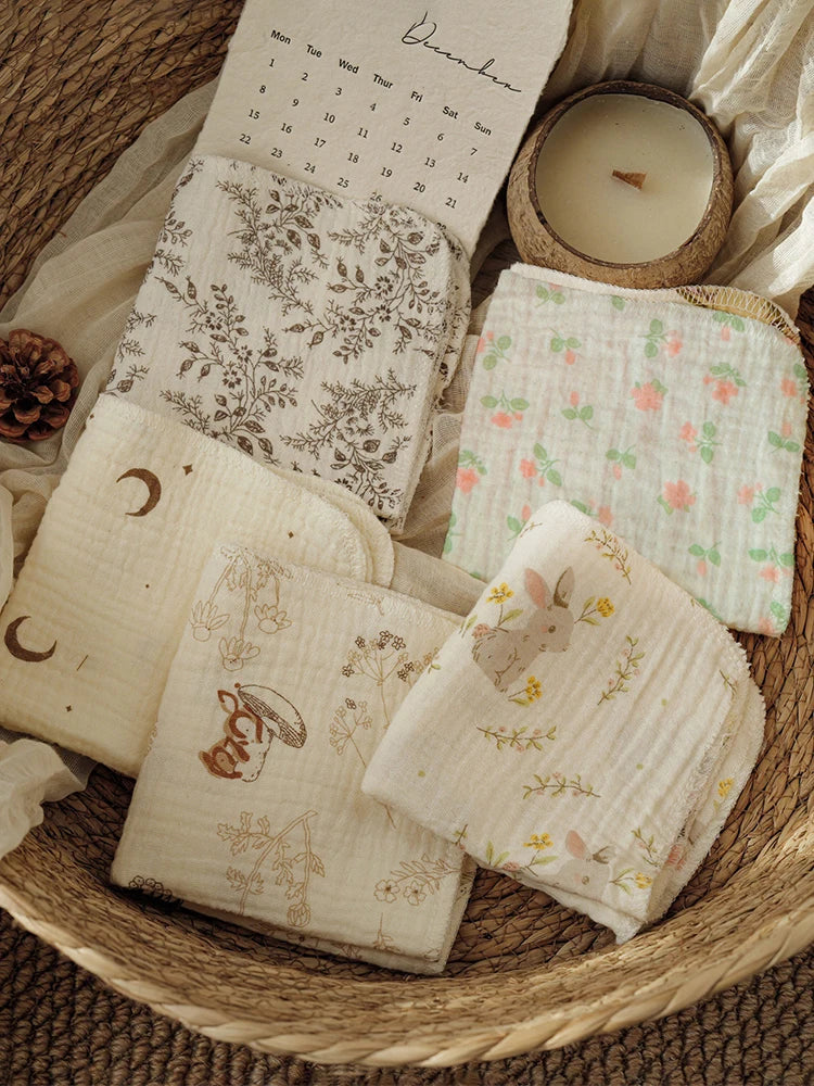 5Pcs Baby Crepe Gauze Towels – Soft Breathable Face Towels with Cartoon Floral Embroidery, Multi-Color Baby Bibs & Nursing Handkerchiefs for Newborn Care