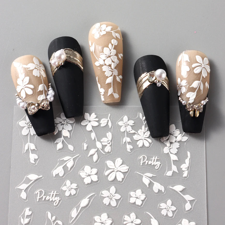 2pcs White Flower 3D Nail Art Stickers Sakura Blooming Florals Leaf Self-Adhesive Nail Decorations Sliders for DIY Manicure