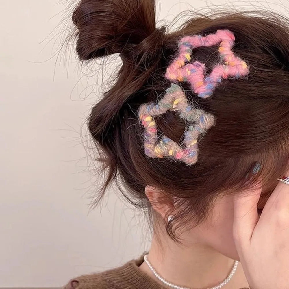 4Pcs Star Hair Clips, Colorful KnittingHair Clips, Elegant 5-Star Hairband Clips, Hair Accessories For Girl To Style Side Braids