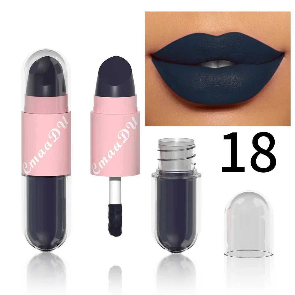 18Color 2In1 Matte Velvet Liquid Lipstick Double Head Sexy Red Purple LipGloss Moisturizing Lasting Waterproof Lip Glaze Make Up