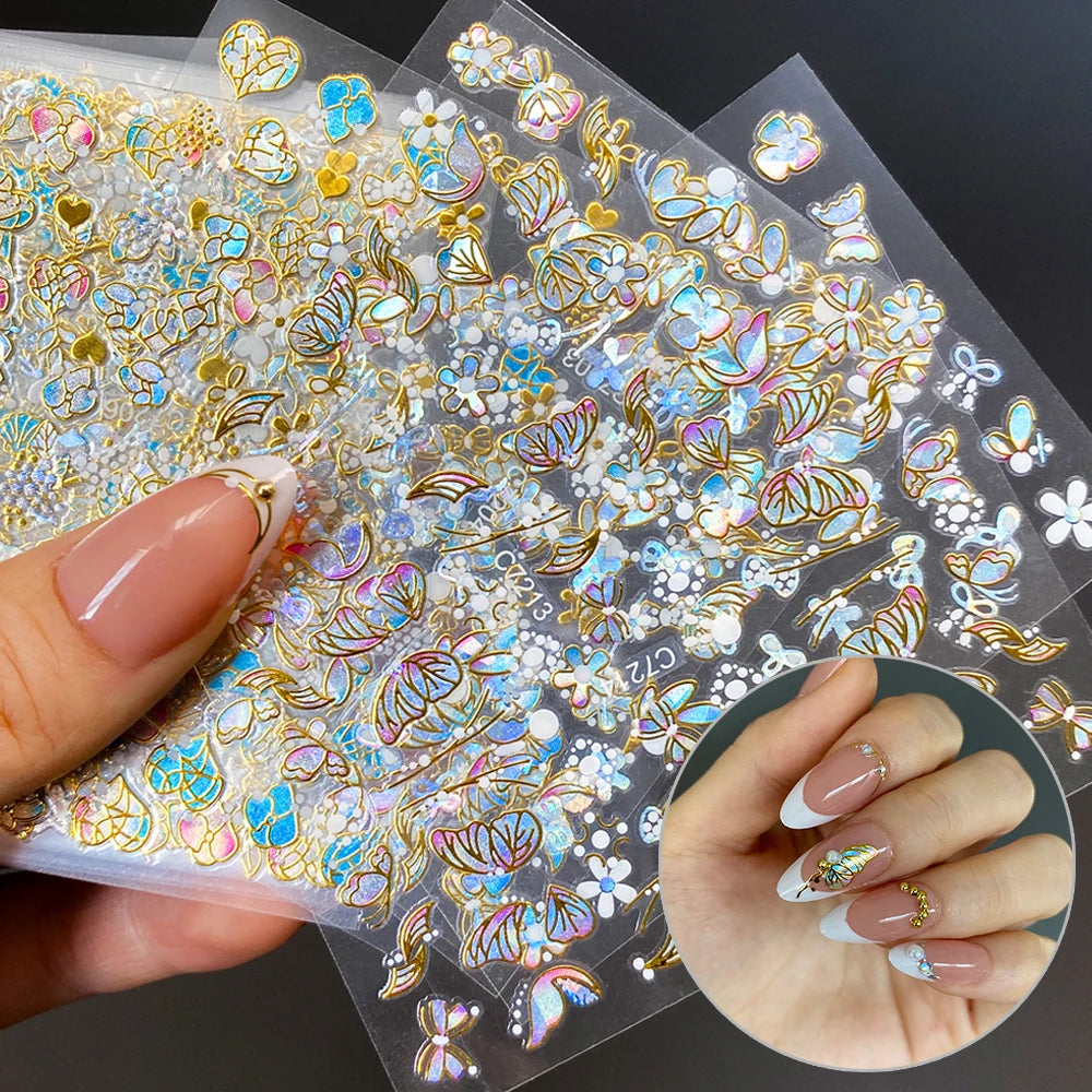 3D Colorful Flowers Cherry Blossoms Rose Daisy Nail Decals 20/30/60/70/90pcs Cute Heart Nail Sticker Manicure Decoration 5.5*6cm
