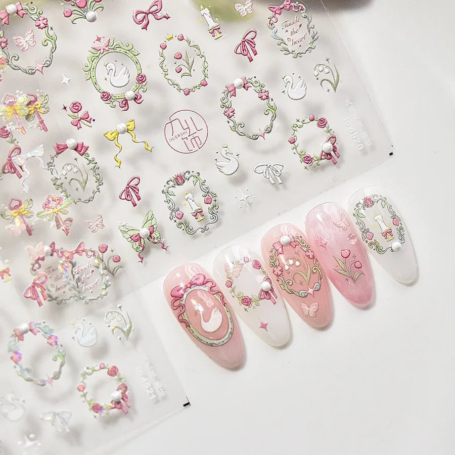 1PCS Crystal Diamond Nail Sticker Mix Pink Swan Flower Frame Butterfly Self Adhesive Nail Art Stickers DIY Cute Decoration Parts