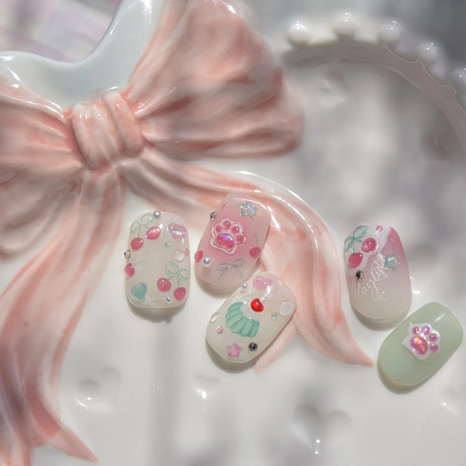 1Pcs Shiny 5D Jelly Cat Claw Cherry Bow Nail Decals Self Adhesive DIY Salon Manicure Decor Supply