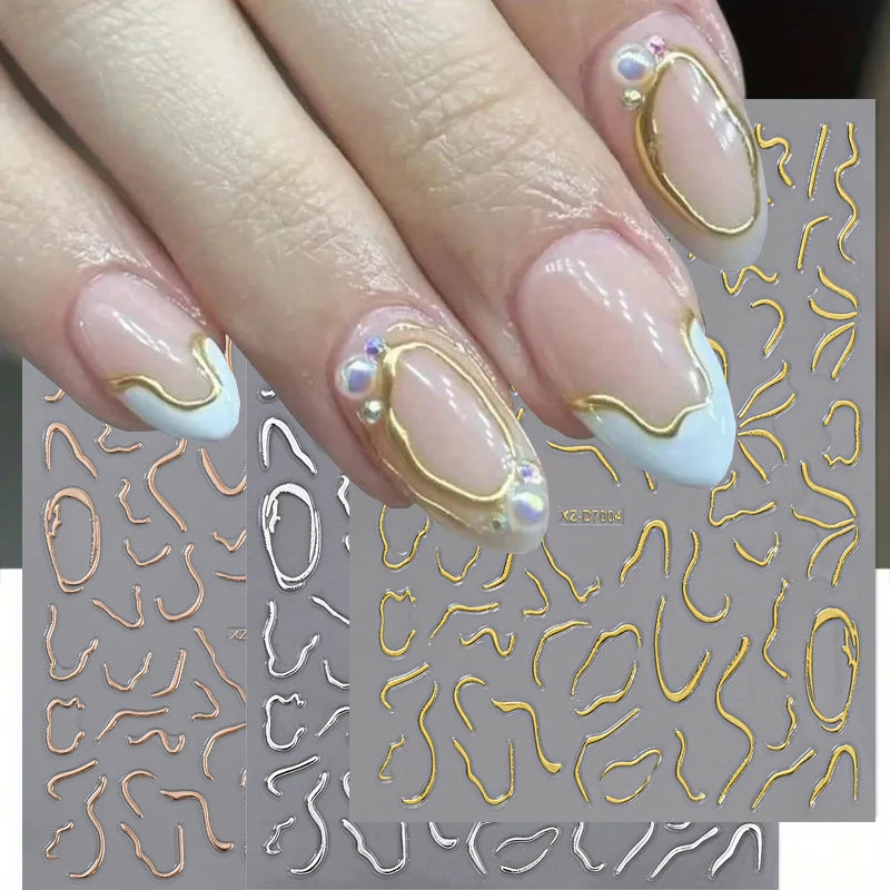 1pc Y2K-Inspired 3D Metallic Nail Stickers Geometric Marble & Bronzing Designs Nail Sliders Self-Adhesive Sparkling Manicure DIY