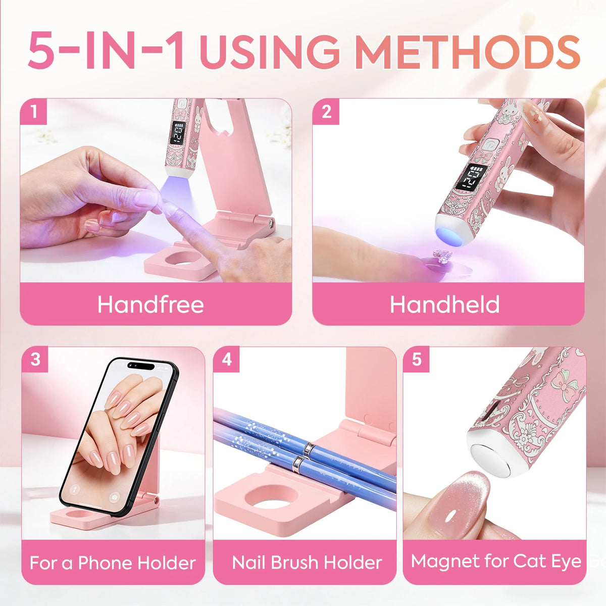 5-in-1 Cute Rabbit UV Nail Lamp Stand, Rechargeable LED Light with 3 Timer Modes, Foldable Stand for Cat Eye & Rhinestone Nails