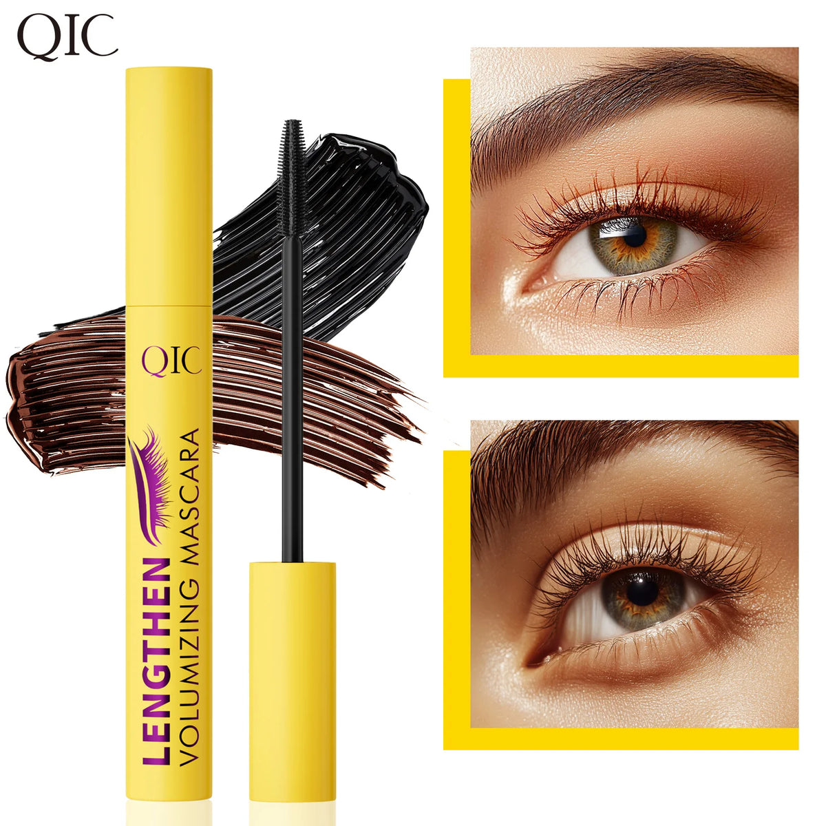 QIC 4D Black Mascara Brown Mascara Thickening, Lengthening, Curling, Waterproof Liquid Fiber Mascara.