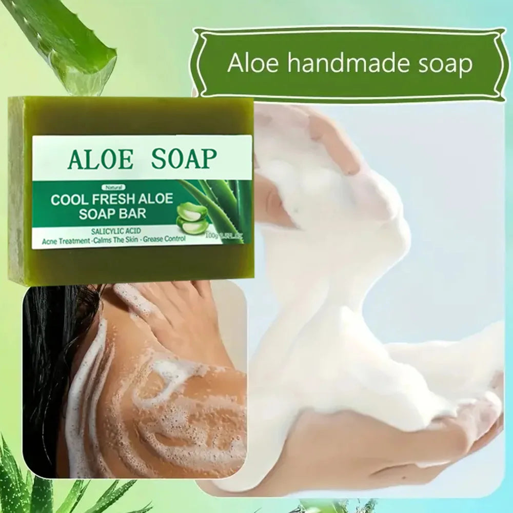 1/2pcs Natural Aloe Vera Soap Acne Treatment Handmade Soap for Face & Body, Calming Grease Control Cleansing Soap