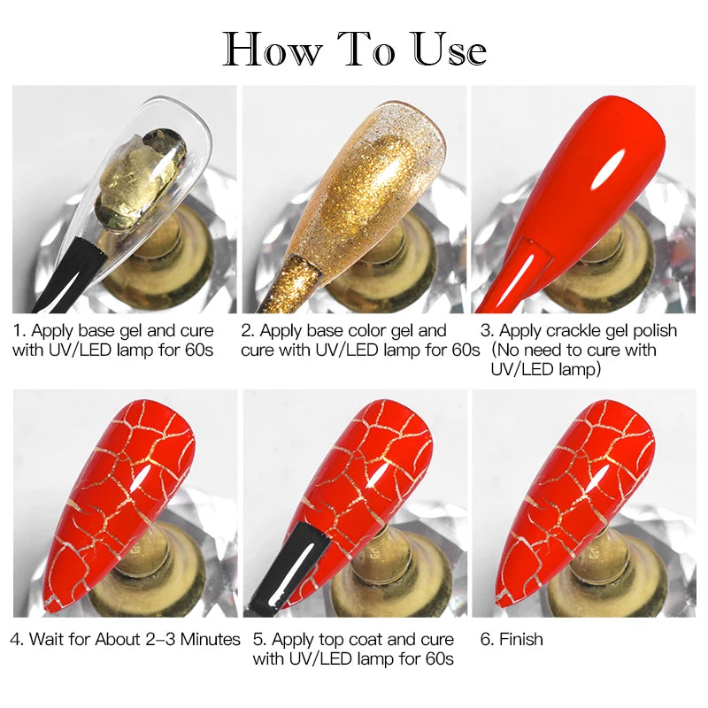 6pcs Crackle Gel Nail Polish Set Cracking Nail Lacquer Quick Dry Nail Art Varnish Semi Permanent Soak Off UV Gel Nail Supplies