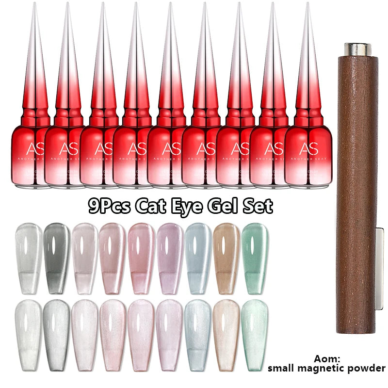 AS 9pcs Cat Eye Magnetic Moonlight Gel Nail Polish Set 15ml Sparkle White Silver Water Light Red UV Gel Nail Art Manicure Vernis