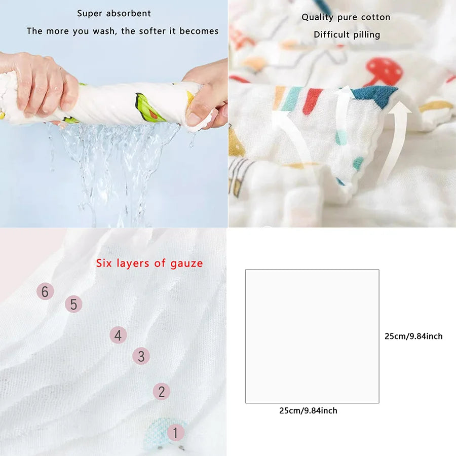 5 Pure Cotton Gauze Square Towels, Soft and Comfortable Baby Drool Towels, Highly Absorbent, Suitable for Home Use and Outings