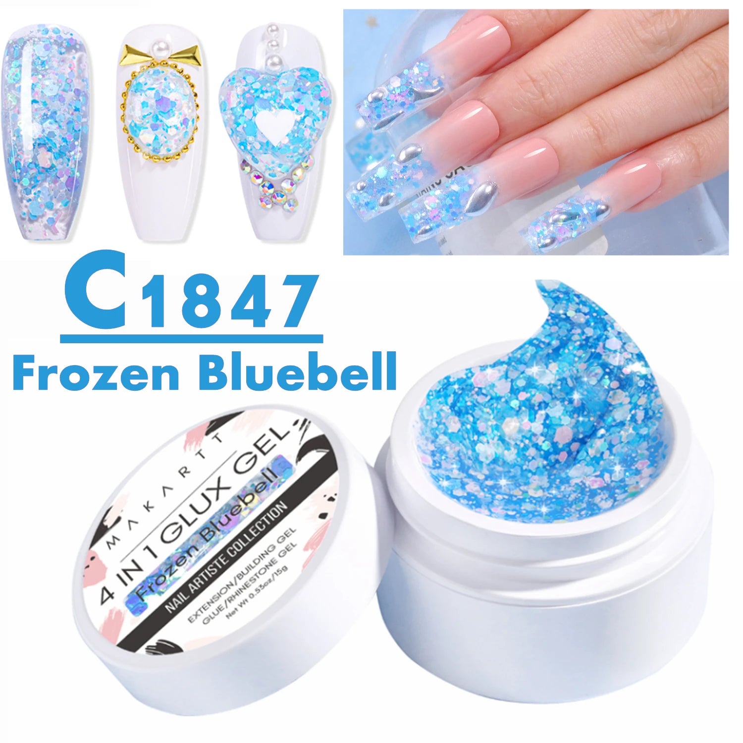 Makartt Solid Gel Builder: 4-in-1 Clear White Non-sticky for Extension 3D Sculpting Nail, UV Glue for Acrylic Tips, Rhinestones