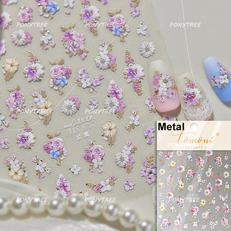 Elegant Pink Purple Flower Rose Colourful Gentle Petal Peach Blossom Metal Shiny Self Nail Art Sticker Decoration Manicure Decal